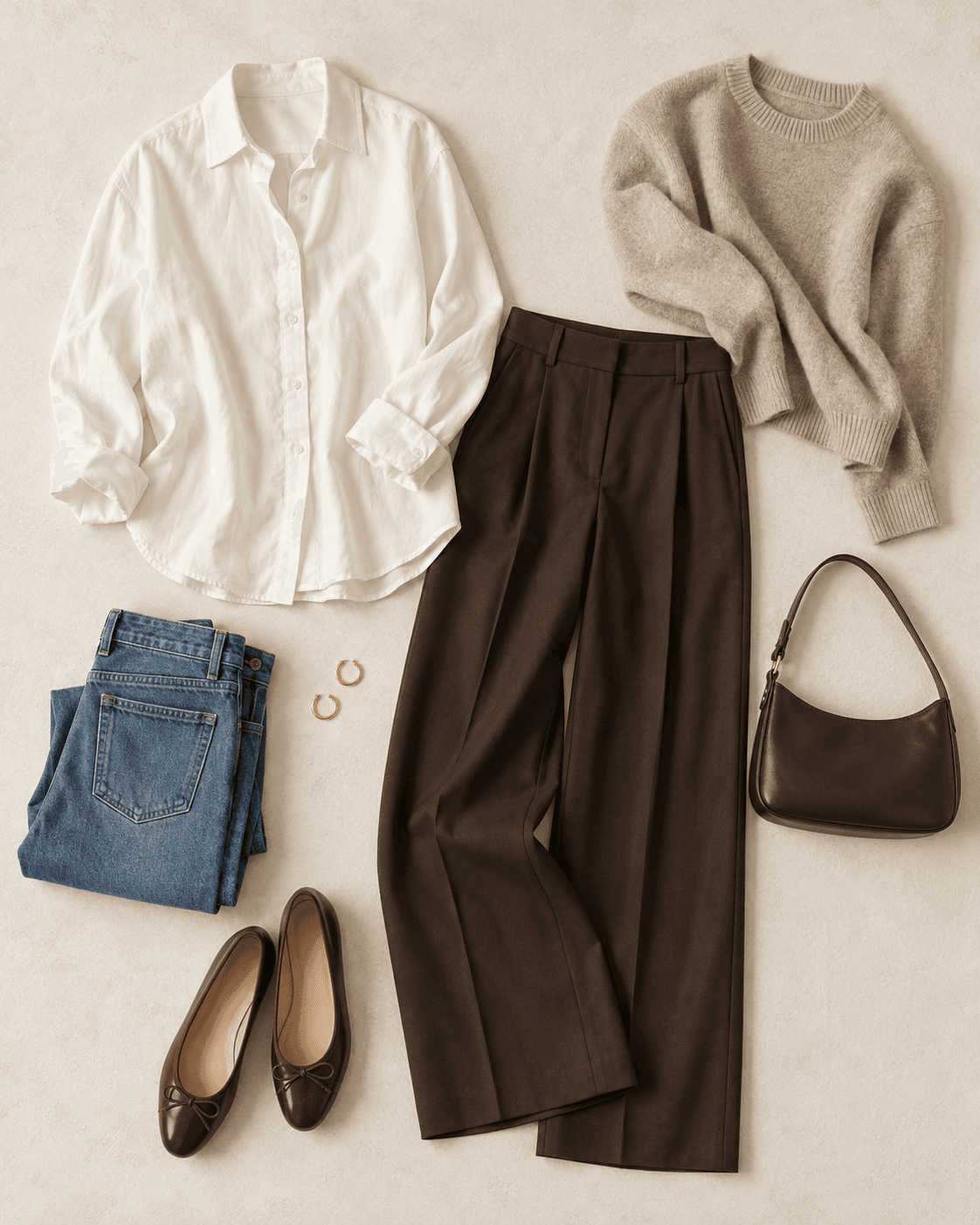 Illustrative capsule wardrobe: an ivory shirt, chocolate trousers, oatmeal knit, jeans, burgundy flats, a shoulder bag, and gold hoops.